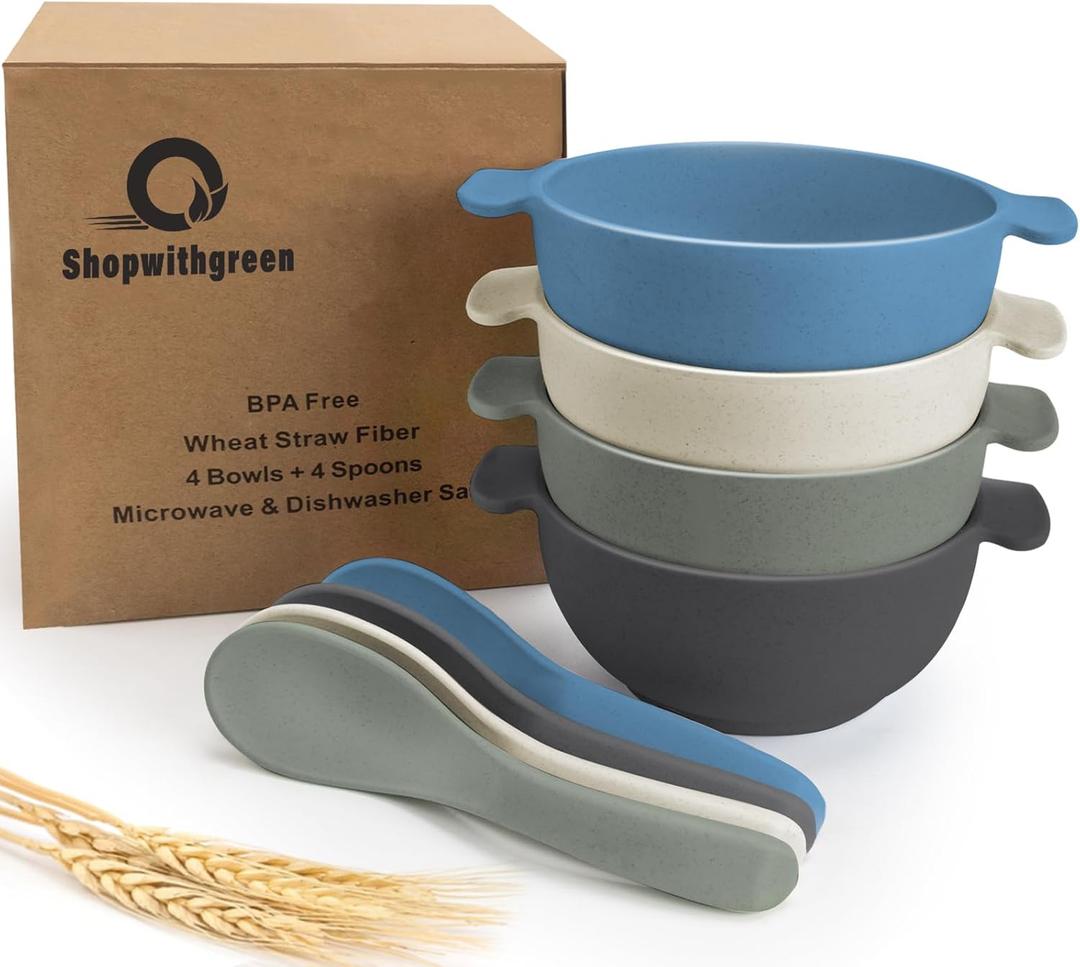 shopwithgreen Unbreakable Kids Bowls -Microwave Dishwasher Safe- Wheat Straw Snack Bowl Sets for Kids and Toddler-4 Bowls and 4 Spoons, Lightweight and Durable, 14 OZ, Coastal Wheat Straw