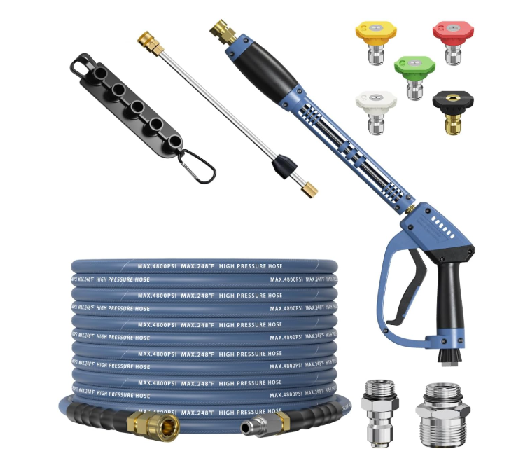 Pressure Washer Gun and Hose Kit, 4800PSI Steel-Braided & Durable - Flexible & Kink-Resistant Power Washer Hose 100 FT with 3/8" Swivel Quick Connector and M22 14mm Adapters Replacement (Gray)