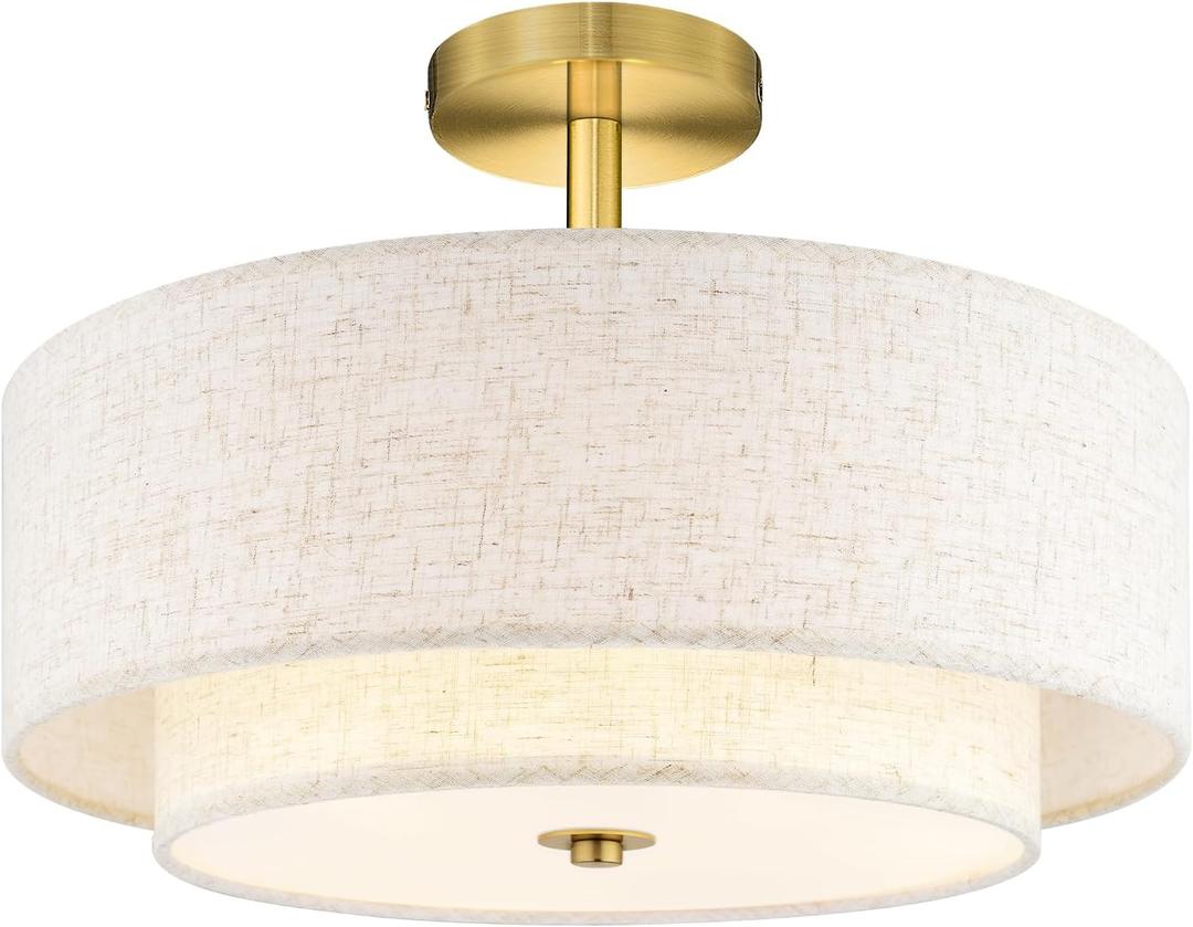 AUTELO Gold Semi Flush Mount Ceiling Light, 3-Light 16" Ceiling Light in Brushed Gold Finish with Drum Fabric Shade for Hallway Bedroom Kitchen, C2506 BG-16 AUTELO Gold Semi Flush Mount Ceiling Light, 3-Light 16" Ceiling Light in Brushed Gold Finish with Drum Fabric Shade for Hallway Bedroom Kitchen, C2506 BG-16