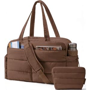 BAGSMART Gym Bag for Women, Lightweight Puffer Duffle Bag 2-PC Travel Bag, 31L Weekender Overnight Bag Quilted Carry On Tote Bag, Diaper Hospital Dance bag for Travel, Gym, Water Resistant (Coffee Brown)