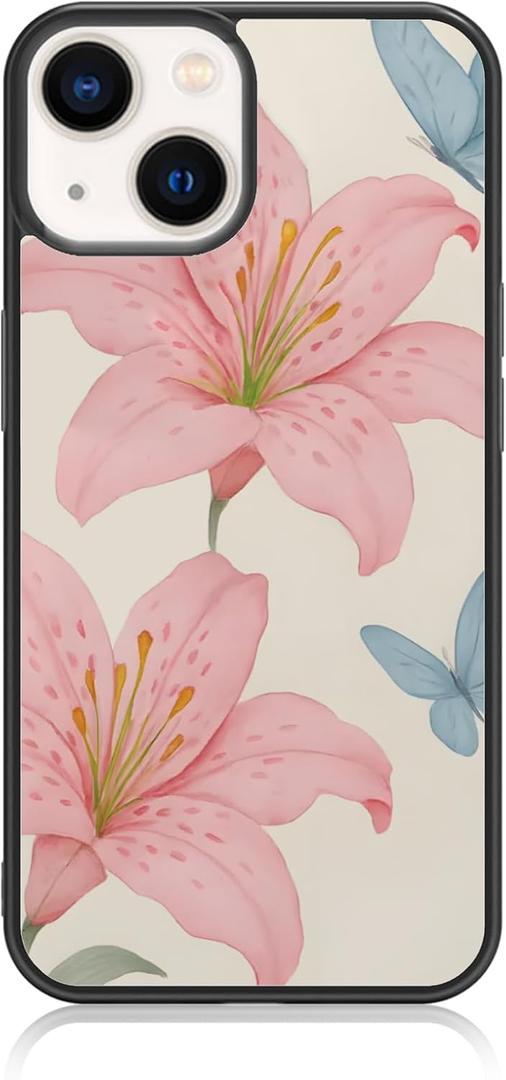 Cute Pink Lily Flower Blue Butterfly Floral Aesthetic Phone Case for iPhone 14 & iPhone 13 Case for Teen Girls Women (6.1Inch)