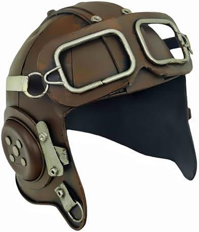 TRABEATOGA Replicate Fighter Pilot Helmet Miniature Model Figurine Decorative Metal Sculpture Handmade Vintage Style Aviator Hat Art Object Collectible Model Decor