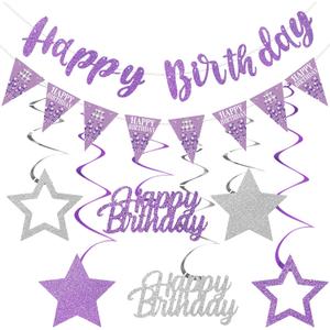 Purple Silver Birthday Decorations for Girls Women, Happy Birthday Banner Stars Hanging Swirls Happy Bday Decoration Party Supplies Sign
