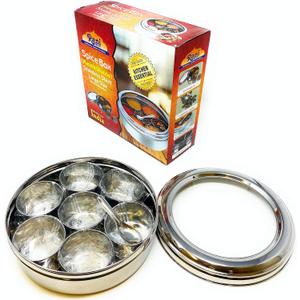 Rani Spice Box (7.5in x 2.8in) Stainless Steel Transparent Round Storage For Spices (Masala Dabba) 7 Compartments, with spoon ~ Packed in an attractive box, perfect for gifts!
