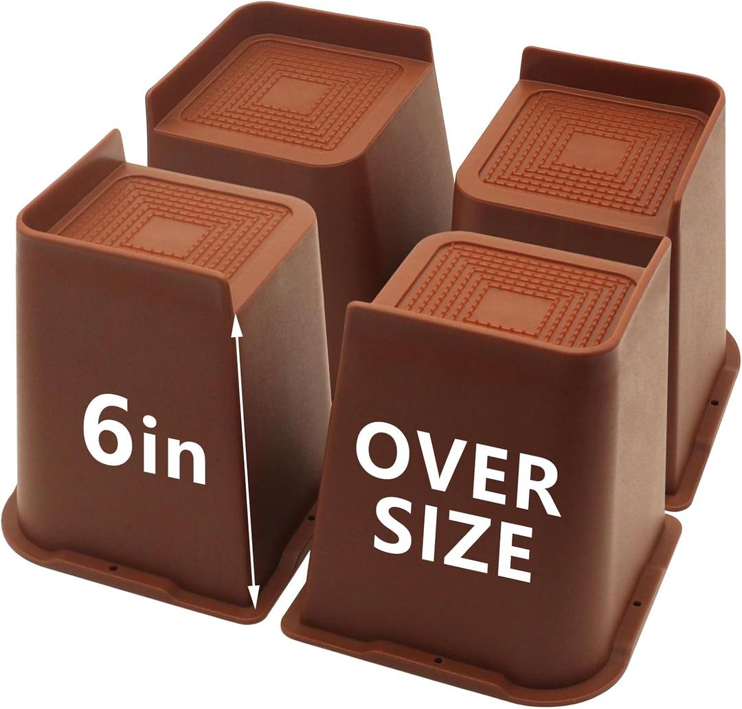 4 Pack Brown Bed Risers 6 inch Heavy Duty, Oversized Furniture Risers, Bed Lifts Risers for Table, Sofa, Chair, Couch, Desk, Bed Frame Risers Supports Up to 6,500 Lbs