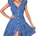 SweatyRocks Women's Cap Sleeve V Neck Button Front Dress A Line Ruffle Hem Denim Short Dresses (Medium)