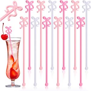 2Pack 12 Pcs Coquette Bow Drink Stirrers Acrylic White Pink Cocktail Stick Bow Stirrer Swizzle Sticks Stirrer for Coquette Party Bachelorette Party Supplies for Girls Bridal Wedding Decorations