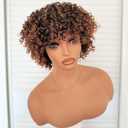 Short Kinky Curly Bob Wig with Bangs 6 Inch Ombre Brown Afro Wigs for Black Women Full and Soft Heat Resistant Synthetic Fiber Throw and Go Wig