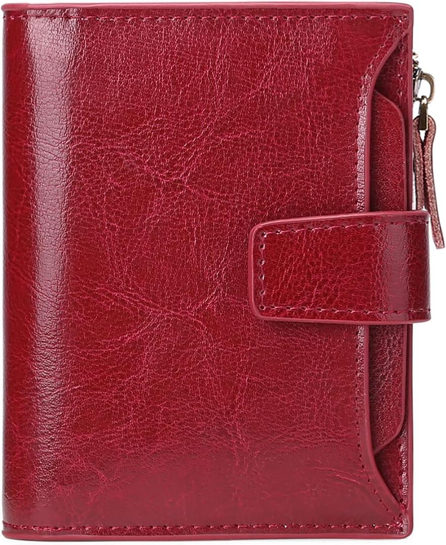 GOIACII Small Women Wallet Genuine Leather RFID Blocking Bifold Zipper Pocket Card Holder with ID Window (A01 Wax Red)