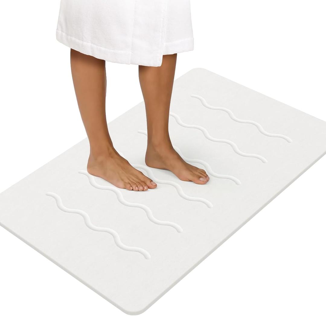 OTHWAY 32"x 20" Stone Bath Mat Large, Diatomaceous Earth Bath Mat for Bathroom Quick Drying Absorbing, Long Non-Slip Diatomite Hard Stone Shower Mat Instant Dry(White Grey)
