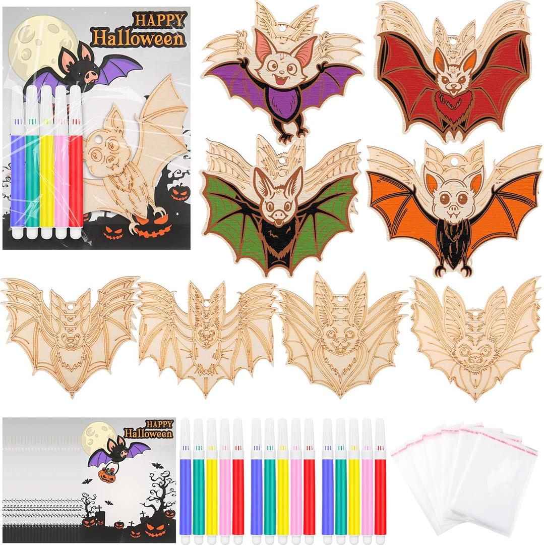 24 Set Wooden Halloween Coloring Crafts with Watercolor Pen Cards and Bags Halloween Painting Party Favors Color Your Own DIY Bat Blank Ornaments School Art Activities Stuffers Fillers