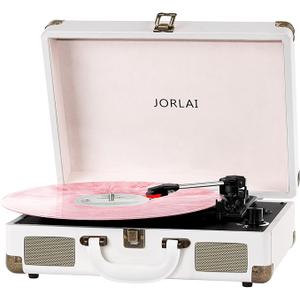 Jorlai Record Player 3 Speeds Turntable with Bluetooth Built-in Battery Stereo Speakers Vintage Record Player Belt Driven Portable Suitcase PC Recording White