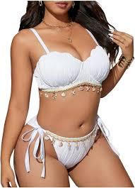 MakeMeChic Women's Plus Size Bikini Set Textured Underwire Push Up Tie Side Scallop Trim Swimsuit (M)
