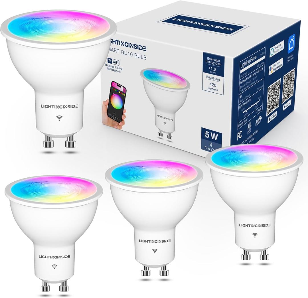 GU10 Smart Light Bulbs 50W Equivalent, 38Beam Angle, Smart Bulb Compatible with Alexa/Google Assistant/Smart Life, 5W 420LM, RGBCW Spotlight Track Light, 2.4GHz WiFi, ETL Listed, 4PCS (Multi-colored)