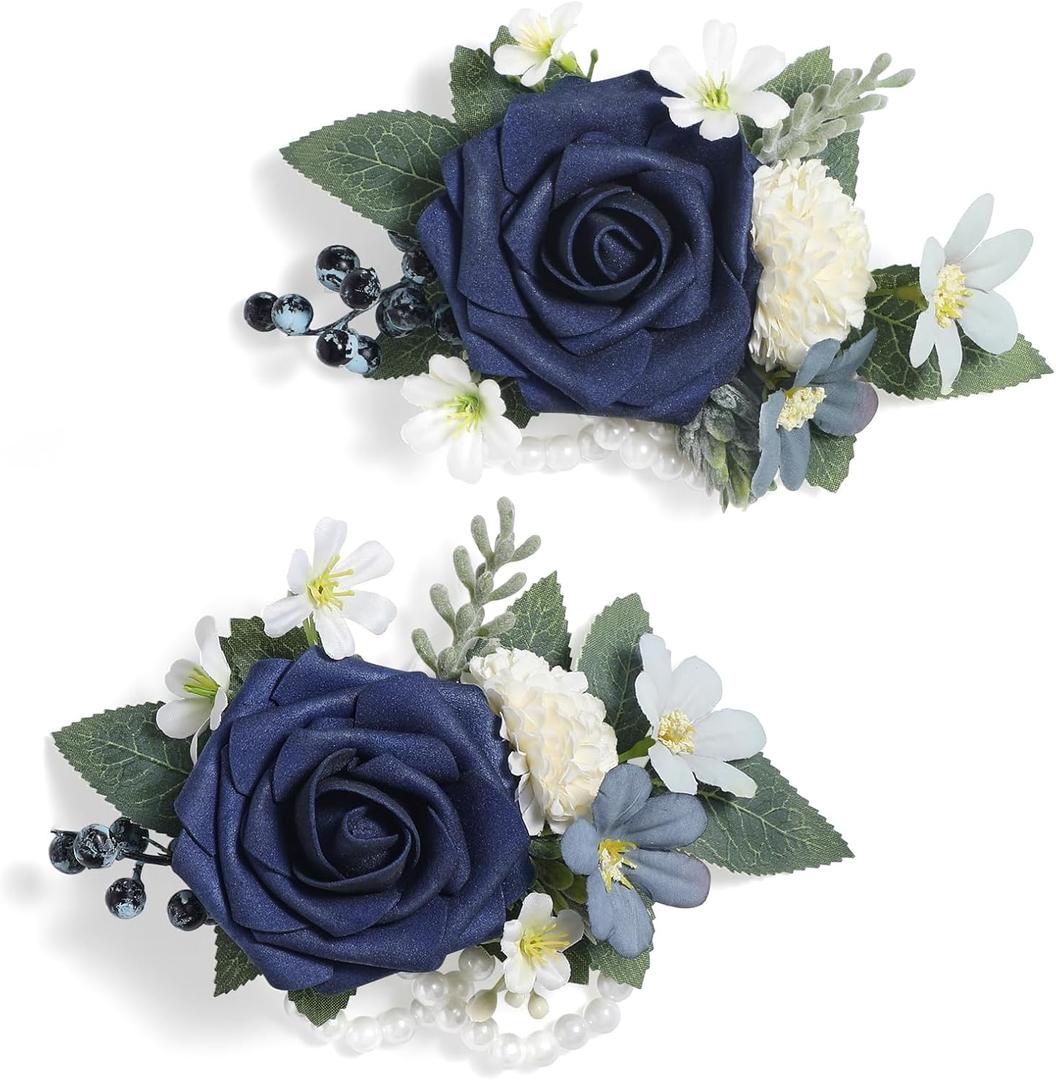 Serwalin 2 Pcs Wrist Corsage, 6-7 Inch Navy Blue Corsage for Wedding, Bridesmaid Mother Grandmother, Artificial Flowers for Prom Ceremony Anniversary