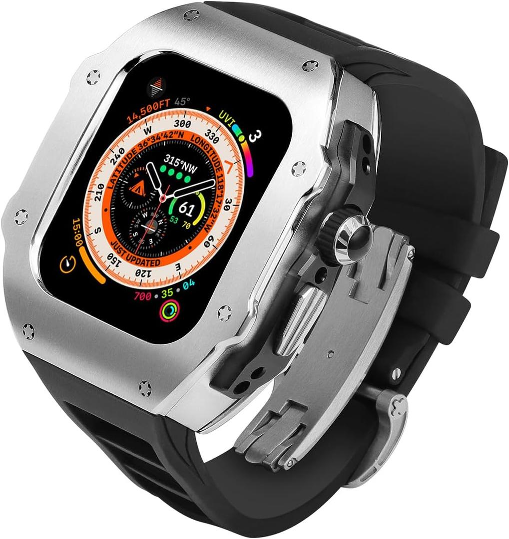 AHNHSKY 316L Stainless Steel Case with Band for Apple Watch Ultra 3/ 2/ 1 49mm Titanium, Luxury Rugged Military Protective Metal Cover Tactical Heavy Duty Protection Strap for Men iWatch, Silver