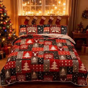 Nialnant Christmas Quilts Set 3 Piece, Queen Size Comforter Set, Christmas Plaid Deer Printed Queen Quilt, Winter Bedding Comforter 90" x 90", 1 Quilt+ 2 Pillow Shams