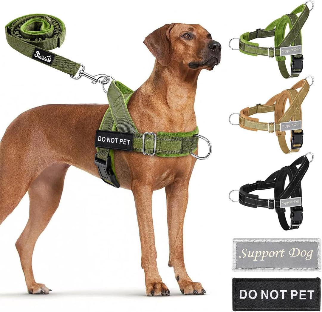 SlowTon No Pull Dog Harness - Heavy Duty Dog Harness and Leash Set for Medium Large Dogs, Reflective Tactical Harness with Soft Padded and Front Clip for Easy Walk and Training (Green L) (Large (Chest 27.1-31.1"))