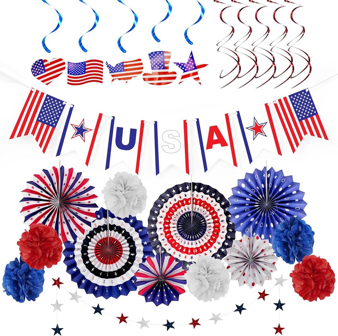 4E's Novelty 24 Pcs Patriotic Hanging Decorations, 6 Pcs Hanging Patriotic Banner Paper Fans Red White Blue Decor with Star Streamer, American Independence Day Sign with USA Flag Indoor Outdoor Decor