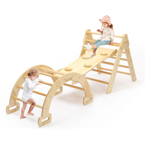 CoziBB Pikler Triangle Set, 5 in 1 Wooden Montessori Climbing Toys Baby Indoor Playground Gym, Foldable Indoor Climbing Toys with Ramp, Arch Climber, Baby Climbing Toys for Toddlers 1-3 Inside