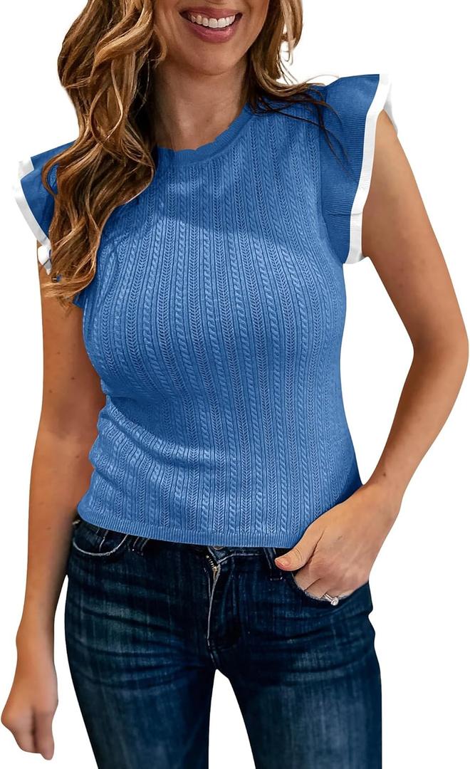 Saodimallsu Womens Summer Sleeveless Sweaters Vest Slimming Crewneck Cable Knit Ruffle Sweater Tank Tops Casual Work Tops (X-Large, Blue)