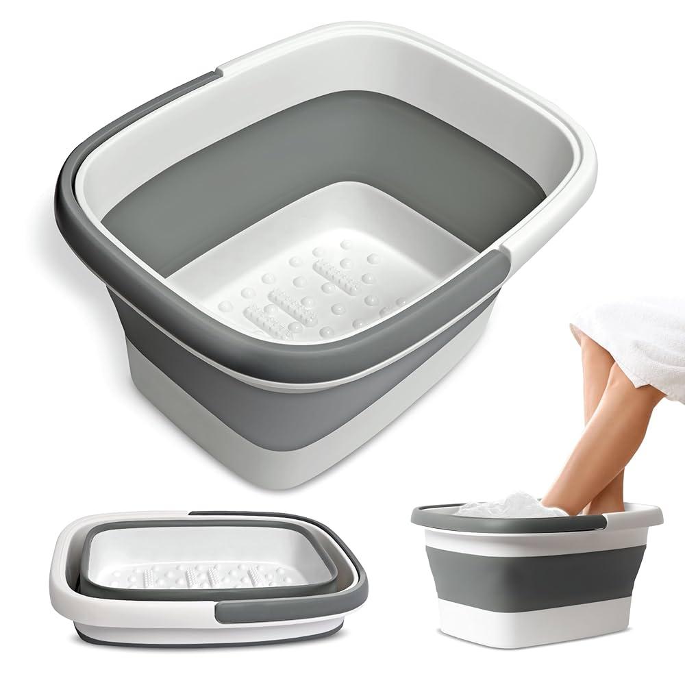 Mantello Collapsible Foot Bath Foot Soaking Tub | Portable Foot Spa Pedicure Bowl | Large Basin to Soak & Wash Feet | Folding Bucket with Carry Handle | White & Grey, Blue, Green [Gray]