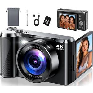 4K Digital Camera for Photography & Travel, 56MP Autofocus Vlogging Camera with 3" 180 Flip Screen, 16X Zoom, Compact Point and Shoot Camera for Beginners and Teens, 32GB Card Included