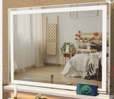 Vanity Mirror with Lights, Large Tabletop Makeup Mirror with Dimmable 3 Modes LED Backlit Light Strip, Touch Screen Control Dressing Mirror with 2 USB Outlet (30.7" W X 22.7" H)