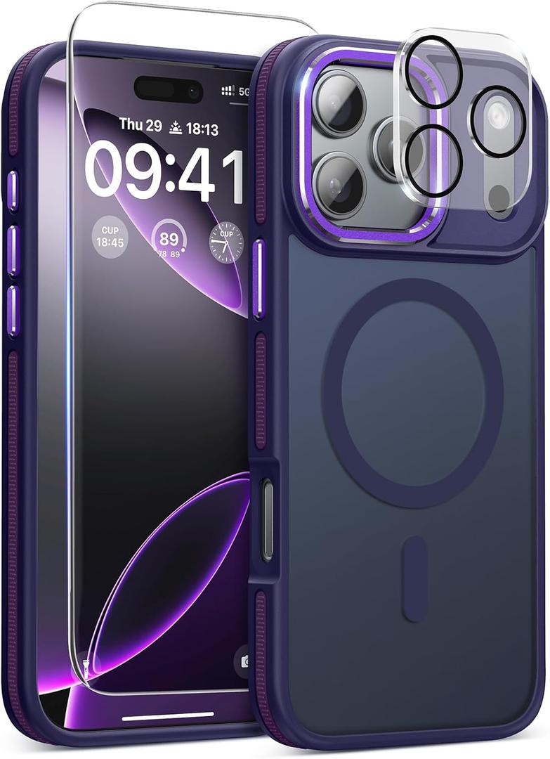 Magnetic 3 in 1 for iPhone 17 Pro Case, [Omni-Directional Protection] with 1x Screen Protector + 1x Camera Cover, [Seamless Work with Magsafe] Shockproof Slim Thin Matte Case for iPhone 17 Pro Purple