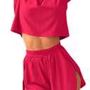 Remidoo Women's Short Sleeve T Shirts And Shorts Side Slit Crewneck Pajamas Set Red Small (Red)