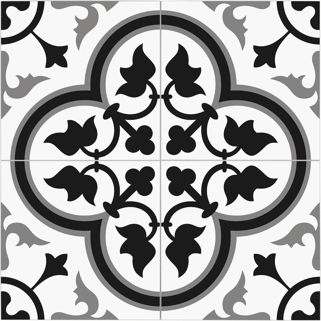 The Tiles Plaza Encaustic Peel and Stick Backsplash, Grey and White Patterned Vintage Stick on Tiles, Stone Composite Self-Adhesive Wall Tile Sticker for Kitchen Bathroom Fireplace Stairs, 10 Sheets