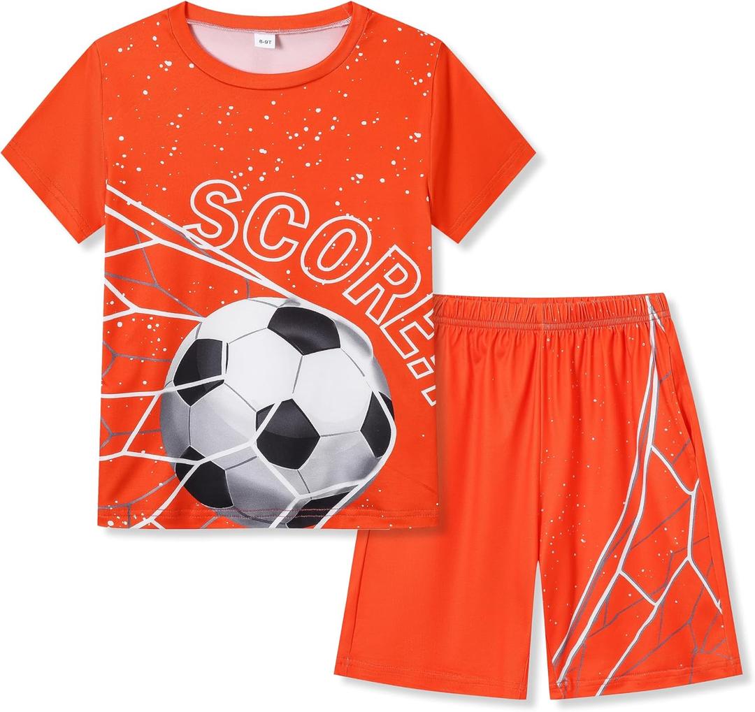 Ayzozuy Tween Boys' 2-Piece Soccer Graphic Outfit Set Summer Casual Crewneck T-Shirt & Shorts Sizes 8-14 (Orange)