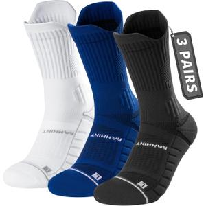 Compression Running Socks 3 Pairs, Cushion Crew Socks, Anti-Blister Moisture Wicking Athletic Hiking Basketball Socks, Size 9-13