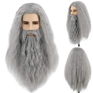 Mens Long Gray Wig with Beard Old Man Grey Wizard Wig Heat Resistant Synthetic Hair for Halloween Cosplay Costume Party