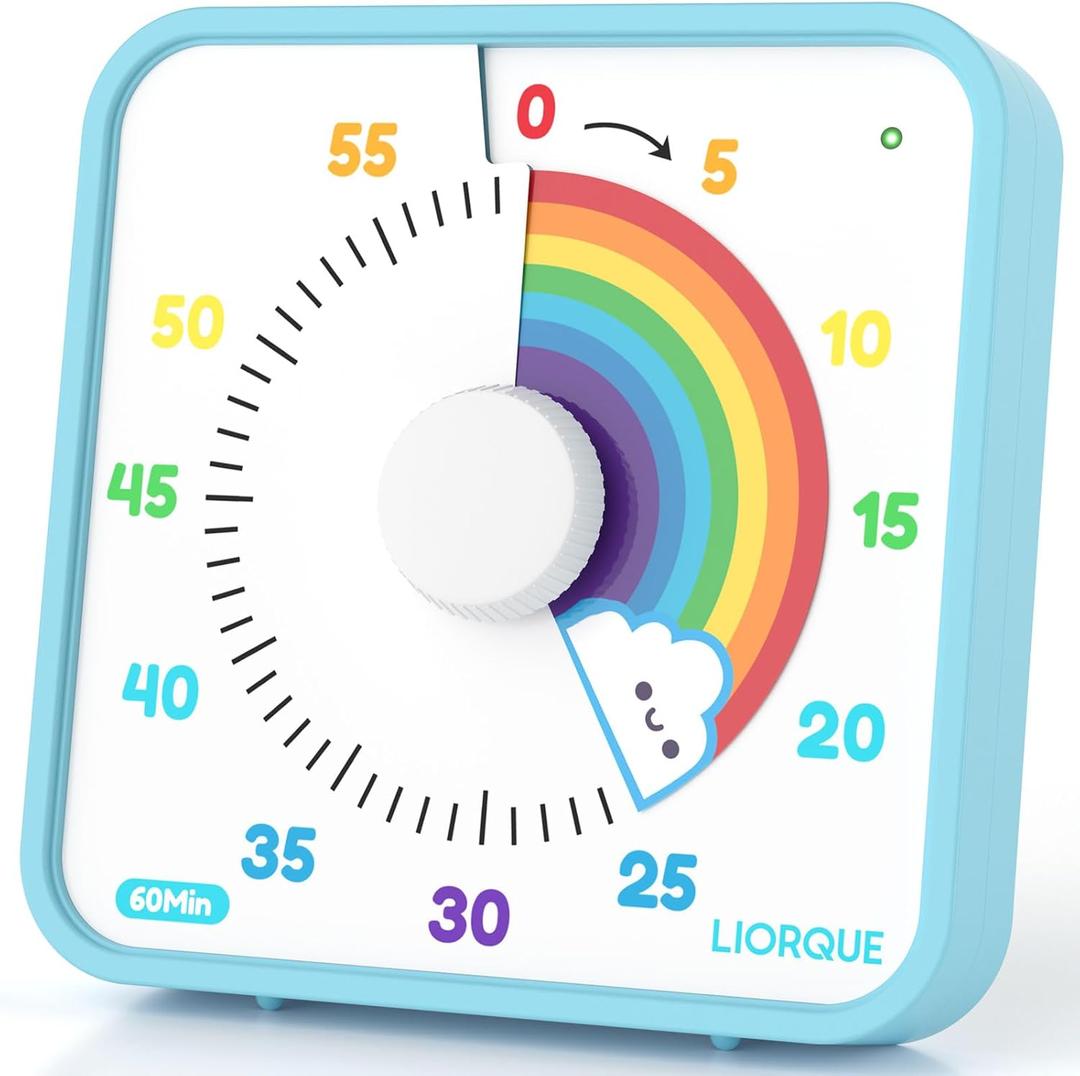 LIORQUE 60 Minute Visual Timer for Kids and Adults, Non-Ticking 7.5 Inch Large Visual Countdown Timers for Classroom Desk Countdown Clock with Magnetic Backing, Kids Pomodoro Timer Clock (Rainbow)