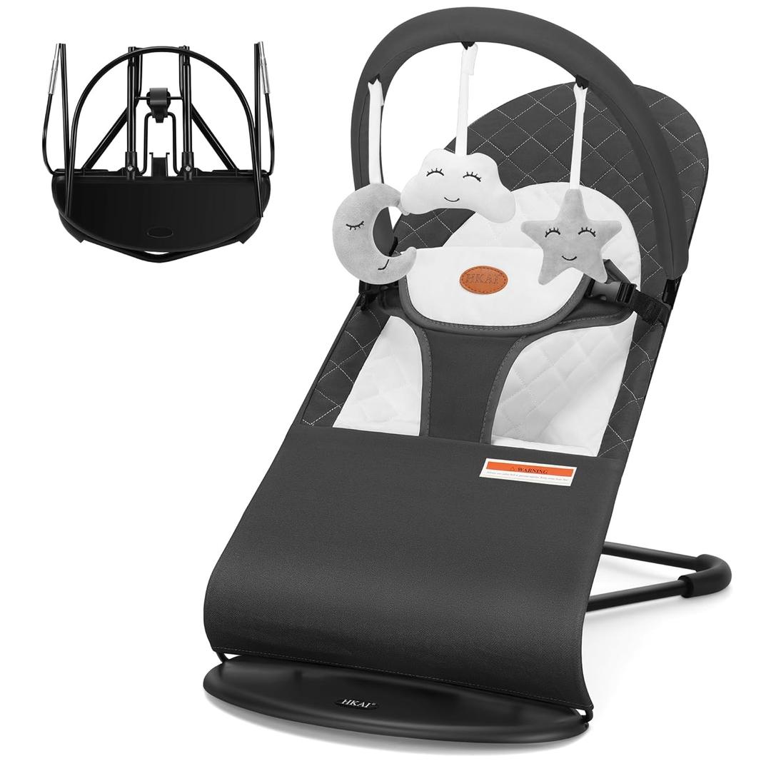 HKAI Baby Bouncer, Portable Baby Bouncer Seat for Babies 0-18 Months, 100% Cotton Fabrics, 3 Modes of use with Rocker and Stationary Options, Infant Rocker Chair with Hanging Toys-Dark Grey HKAI Baby Bouncer, Portable Baby Bouncer Seat for Babies 0-18 Months, 100% Cotton Fabrics, 3 Modes of use with Rocker and Stationary Options, Infant Rocker Chair with Hanging Toys-Dark Grey