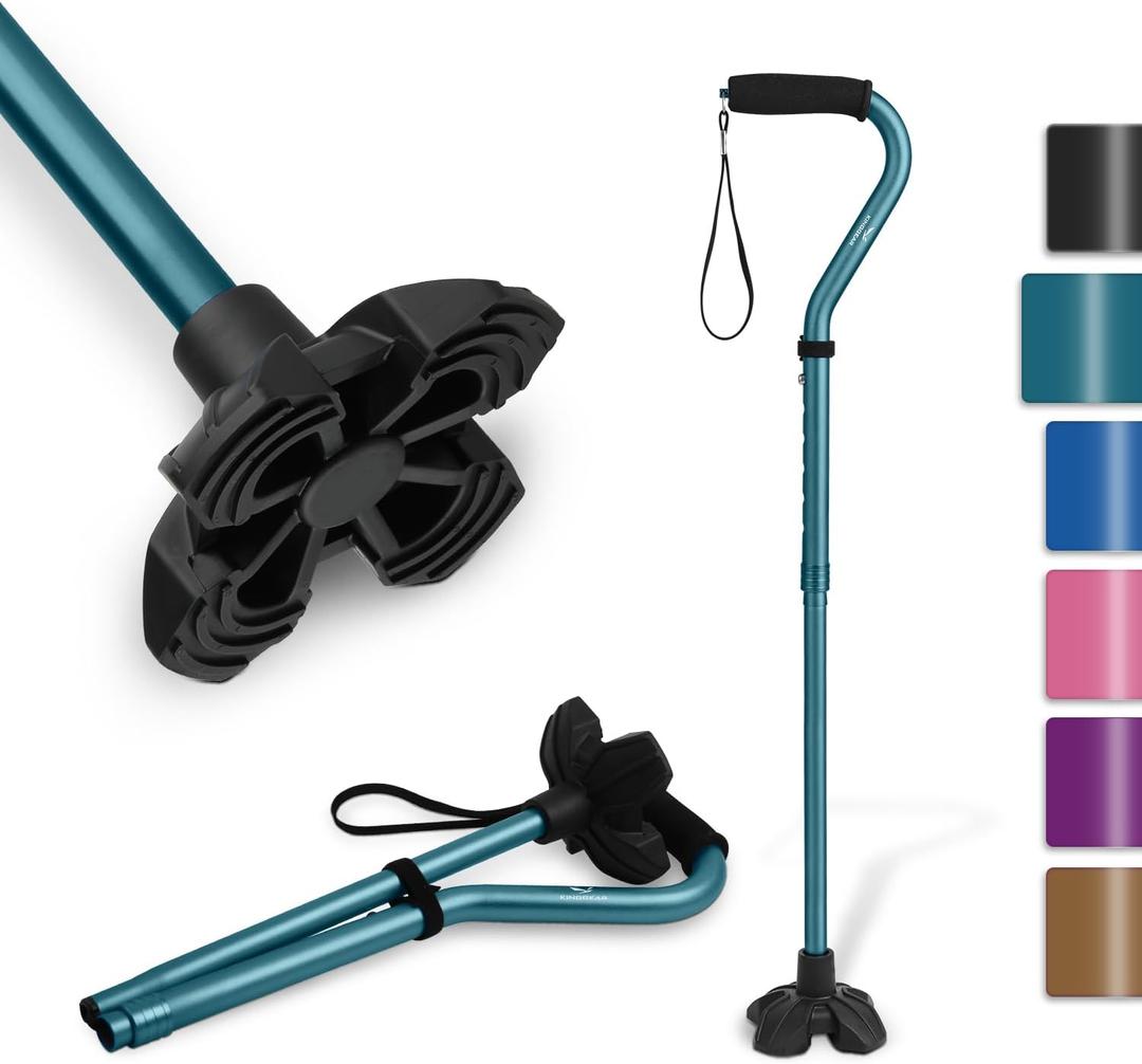 KINGGEAR F1 Walking Stick, Walking Cane for Women & Men with Wrist Strap, Lightweight & Sturdy Offset EVA Handle, Large Quad Base, Self Standing for Seniors and People with Injuries & Recovery (Blue)