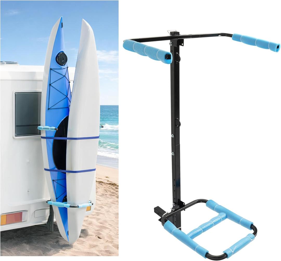 ALMULOO RV Hitch Mount Kayak Rack Fits up to 12'' Kayaks Vertical Standing Kayak Carrier 2'' Hitch Receiver Height Adjustable 150LBS for RV Truck SUV Steel