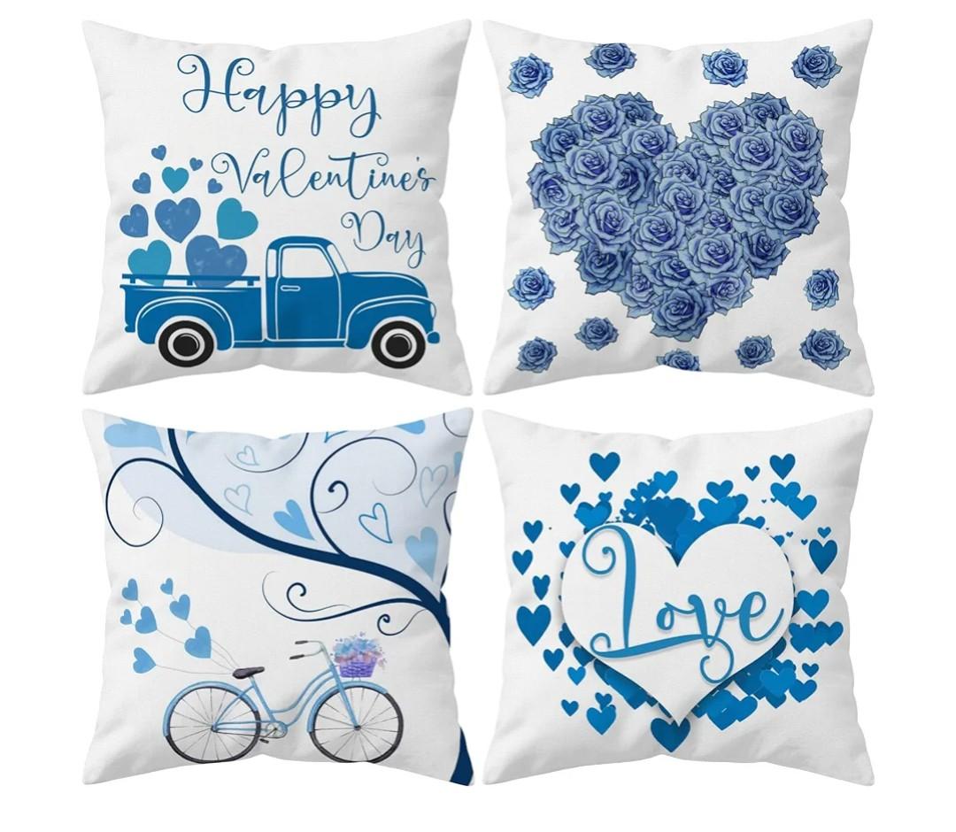HYJ Blue Valentine’s Day Pillow Covers 20x20 Set of 4, Double-Sided Print White Linen Cushion Covers, Love Heart Truck Bicycle Rose Design Throw Pillow Cases for Sofa Couch Bed Home Decor