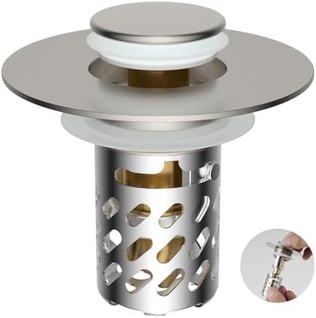 iFealClear All Metal Bathroom Sink Stopper, Pop Up Sink Drain Strainer with Removable Stainless Steel Filter Basket, Universal for 1.1"-2.36" US Sink, Brass Bounce Core, Hair Catcher, Brushed Nickel