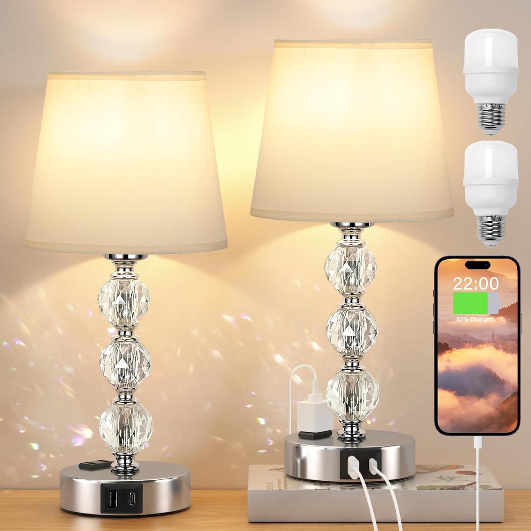 Crystal Table Lamp Set of 2 for Bedroom/Living Room, 14.6in (Beige)
