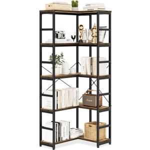 NUMENN 5 Tier Corner Bookshelf, Wood and Metal Bookcase Storage Shelf, 26.97'' x 22.64'' x 65.7'' Tall Corner Cabinet for Living Room, Bedroom, Home Office and Kitchen, Vintage Brown