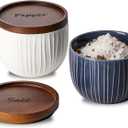 Ceramic Salt and Pepper Bowls: 10 oz Stackable Spice Cellar with Wooden Lid - Stacked Seasoning Storage Containers for Kitchen Countertop - Navy & White, Set of 2