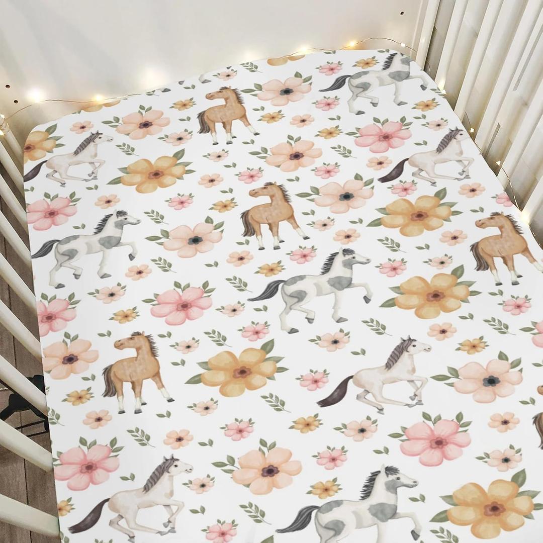 Watercolor Horse Floral Baby Crib Sheets for Boy Girl 52"x28" Running Horses Boho Flowers Soft Snug Fitted Crib Mattress Cover Wild Animals Baby Sheet for Standard Crib & Toddler Bed Mattresses (One Size, White)
