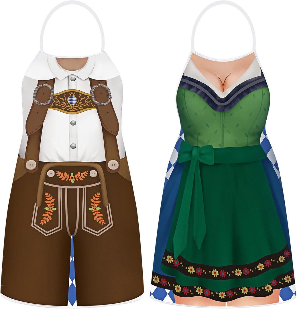 Hillban 2 Pcs Oktoberfest Aprons Women Mens German Apron Oktoberfest Costume for Couples Cooking BBQ Party Favor Gifts(Delicate Style)