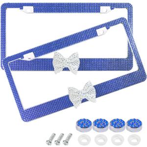Car Rhinestone License Plate Frame,Bling License Plate Frame,Cute Girly Car Accessories,Shiny Rhinestones Premium Licenses Plates Holder with Mounting Bolts,Fits Cars,SUVs (Dark Blue&White) (2pcs)