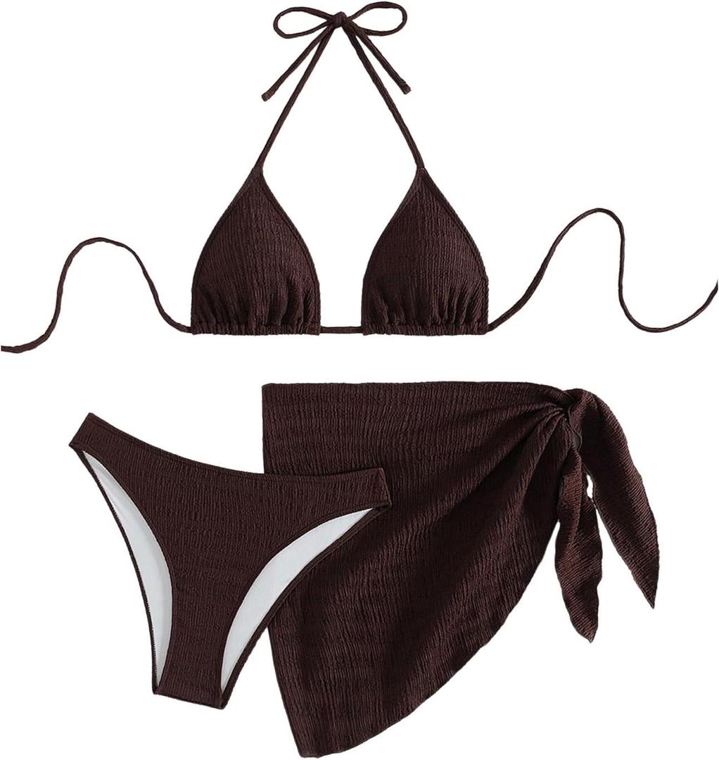 SHENHE Women's 3 Piece Textured High Cut Halter Triangle Bikini Swimsuit with Cover Up, S