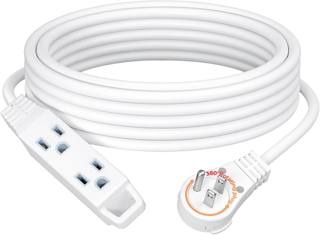 DEWENWILS 360 Rotating Flat Plug Extension Cord, 25FT Extension Cord Rotating Plug, 3 Prong 16/3C Grounded Flat Power Cable for Indoor Narrow Space, 13A/125V/1625W SJT-3, ETL Listed, White