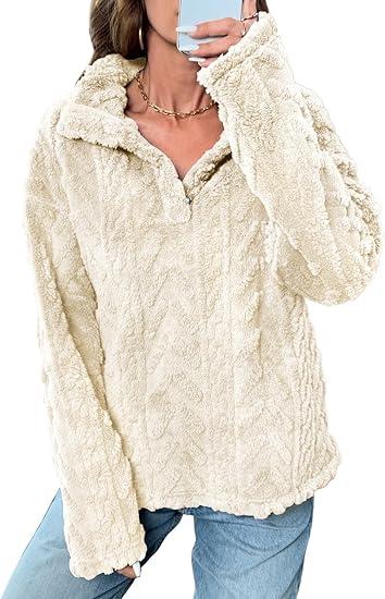 BLENCOT Womens Casual Button Down Collar Pullover Fleece Sweatshirt Long Sleeve Tops Warm Sherpa Coat Jacket Pockets, 2XL