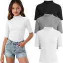 3 Pack Girls' Shirts Teen Summer Tops Mock Turtleneck Slim Fit Ribbed Half Sleeve Fashion Tees Kids Clothes Trendy